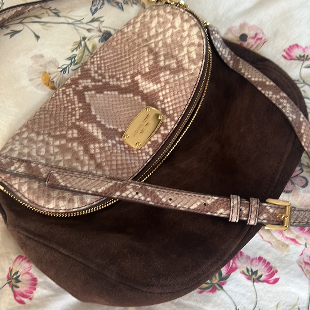 Michael Kors Embossed Python Brown Suede Shoulder… - image 6